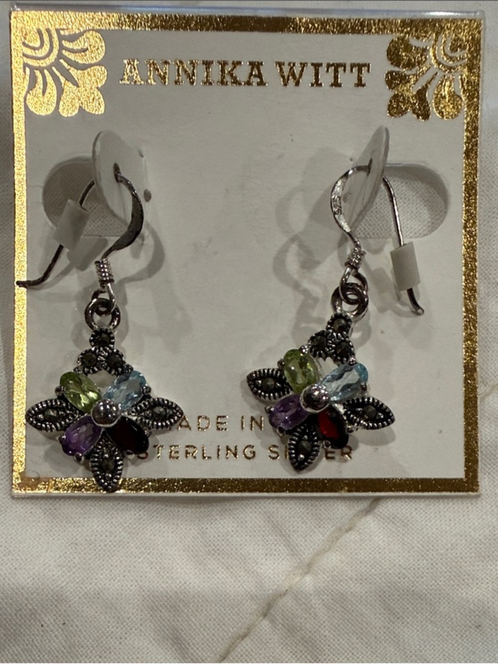 Annika Witt Sterling Silver Multi-Colored Semi-precious Flower Drop Earrings NWT